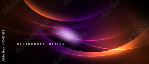Abstract design features flowing curves, vibrant colors. Orange, purple hues blend into dark background. Modern aesthetic, dynamic composition.