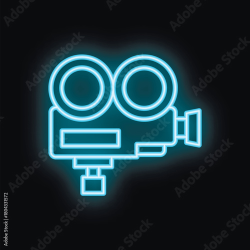Blue neon sign depicting a vintage double lens camera on a black background