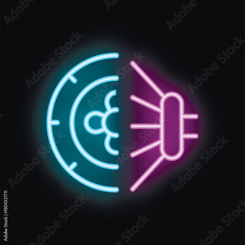 Neon glowing icon of a semiconductor chip manufacturing process using photolithography with ultraviolet light