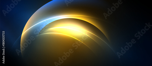 Abstract design features layered curves, vibrant gold, blue hues. Smooth gradients create luminous effect, dark background emphasizes brightness.