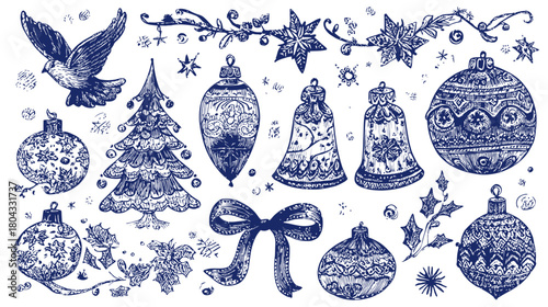 Vintage Hand Drawn Christmas Elements Set: Festive Ornaments, Bells, Tree, Dove & Holly. Winter Holiday Sketch Collection Illustration