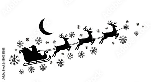 Silhouette of Santa Claus in his sleigh pulled by reindeer.