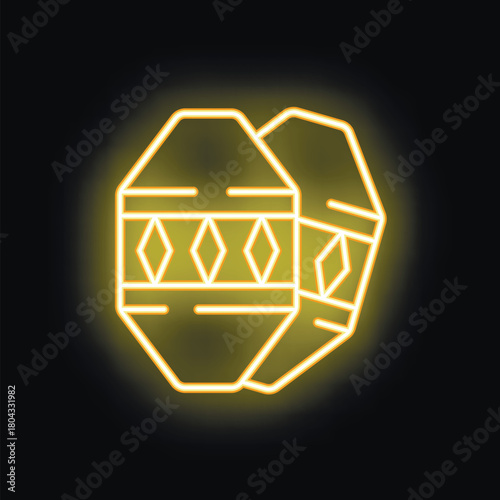 Neon icon of african percussion instrument called talking drum glowing on dark background