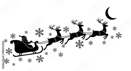 Silhouette of Santa Claus in sleigh with reindeer flying under the moon.