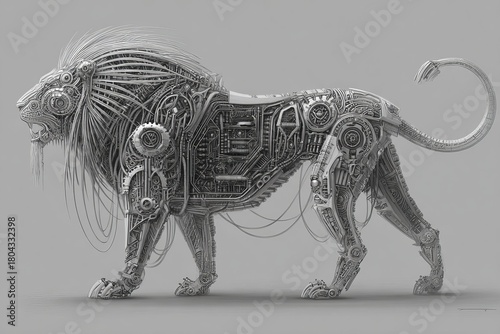 Mechanical lion with intricate details walking on a plain background in a futuristic design