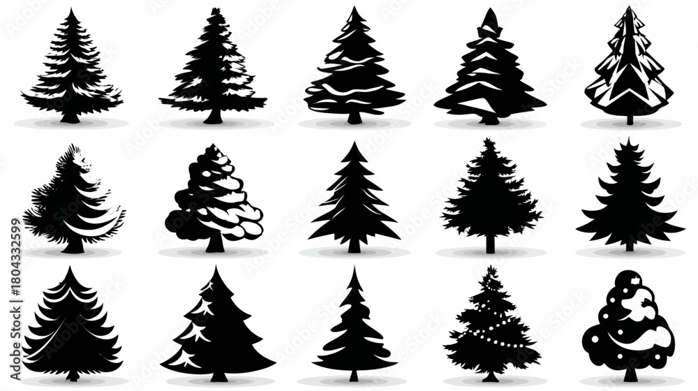 Obraz premium Christmas Tree Silhouettes Collection. Set of various evergreen fir tree shapes for winter holiday designs, festive celebrations, and seasonal graphics.