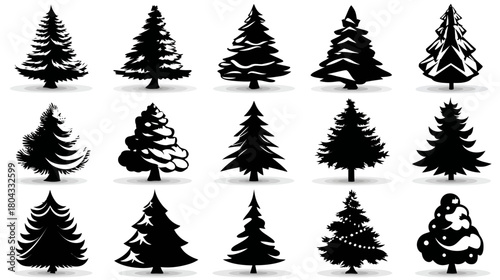 Christmas Tree Silhouettes Collection. Set of various evergreen fir tree shapes for winter holiday designs, festive celebrations, and seasonal graphics.