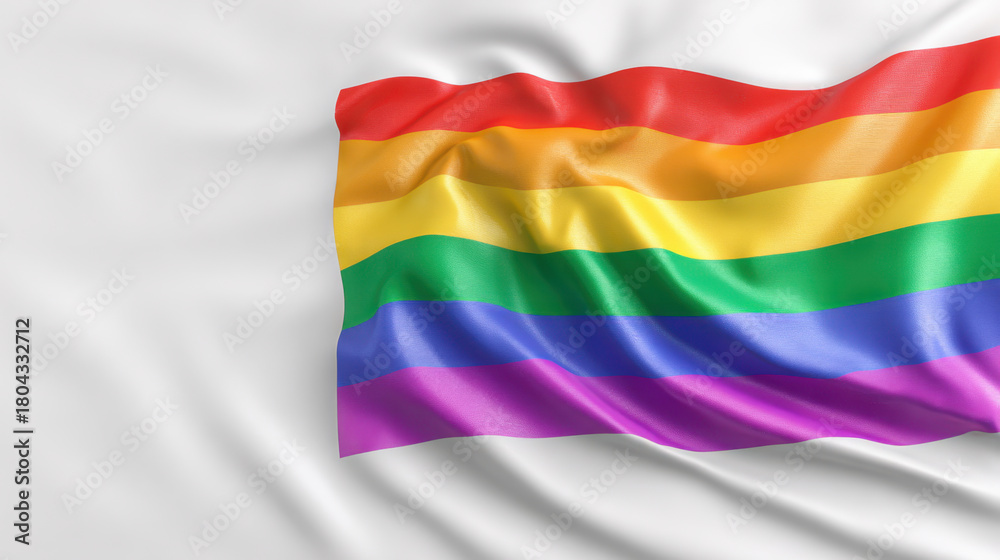 Fototapeta premium Rainbow pride flag waving on white fabric background with soft folds and vibrant color bands conveying celebration and inclusivity