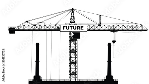High contrast graphic illustration of a construction crane lifting a symbolic element representing the future rendered in a bold modern style with vibrant colors and clean lines