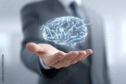 Businessman showcasing a digital brain with data analytics in a modern office environment