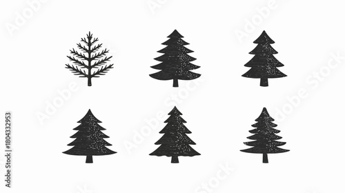 Set of stylized evergreen trees, conifer silhouettes, and pine fir tree icons. Minimalist forest design elements on white background.