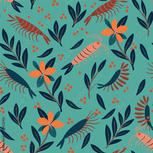 Seamless vector pattern featuring krill, shrimp, and tropical flowers, seaweed in a teal, orange, and navy palette. Perfect for fabric, and packaging.