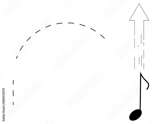 Musical note rising with dotted arc and arrow, symbolizing growth, creativity, achievement, inspiration. Ideal for music, innovation, education motivation performance art. Simple flat metaphor
