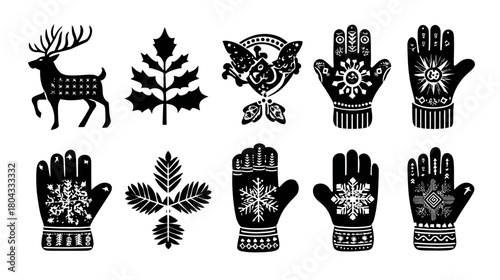 Nordic Winter Folk Art Silhouettes Set: Deer, Snowflakes, Ornate Mittens, and Botanical Motifs for Holiday Design