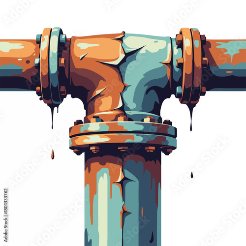 Flaking paint on a rusty iron pipe. Flat graphic of a leaking plumbing joint. Industrial corrosion and decay concept