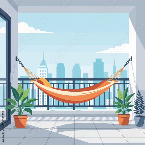 Hammock on a city balcony with a skyline view. Urban relaxation and staycation concept. Flat design graphic of a modern apartment terrace