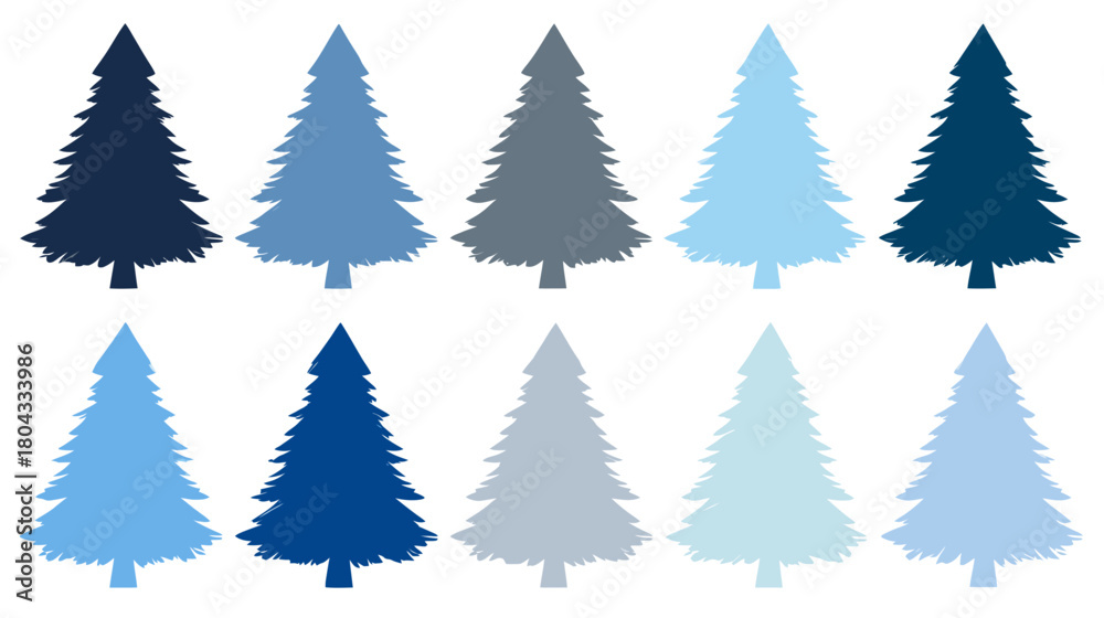 Obraz premium Collection of stylized blue and grey pine trees for winter design. Vector Christmas conifer illustrations, holiday graphic elements.