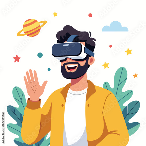 A cartoon man wearing a VR headset and waving. Flat design character for virtual reality and metaverse concepts. Futuristic technology graphic.