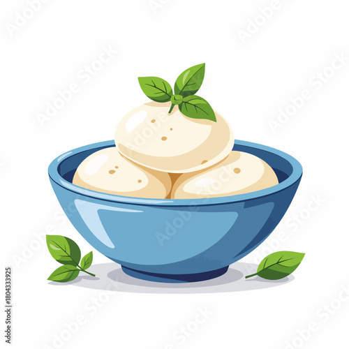 Fresh mozzarella cheese in a bowl with basil. Italian food ingredient concept. Flat cartoon vector illustration