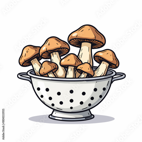 Fresh mushrooms in a colander cartoon graphic. Healthy organic food ingredient for cooking. Isolated kitchenware design element