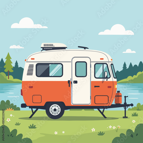 Retro camper trailer in a nature landscape. Outdoor camping and road trip concept. Flat design graphic for vacation themes