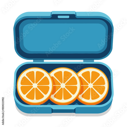 Sliced oranges in a blue lunchbox. Healthy fruit snack concept. Flat design graphic isolated on a white background