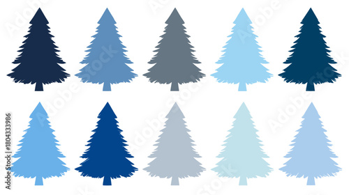 Collection of stylized blue and grey pine trees for winter design. Vector Christmas conifer illustrations, holiday graphic elements.