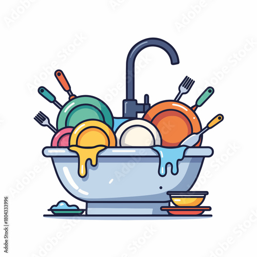 A pile of dirty dishes in an overflowing kitchen sink. Flat cartoon graphic for household chores and cleaning concepts. Messy housework icon isolated on white background