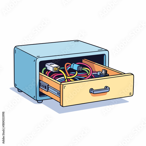 A cartoon drawing of an open drawer filled with tangled cables. Messy junk drawer with old electronic cords and connectors. Technology clutter and storage concept.