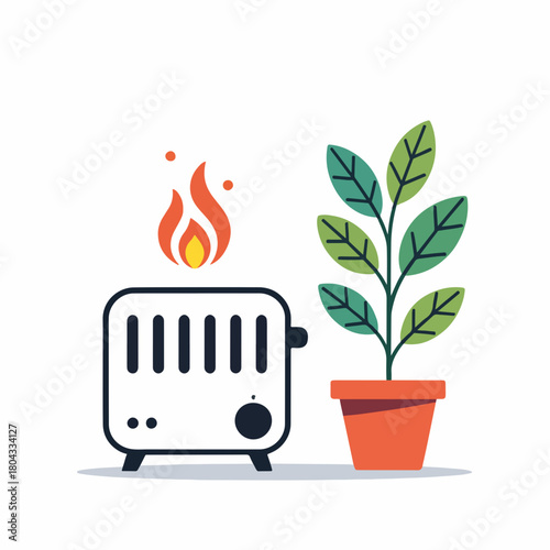 A flat icon of a space heater and a potted plant. Home heating and indoor climate control concept. Simple minimalist graphic isolated on a white background