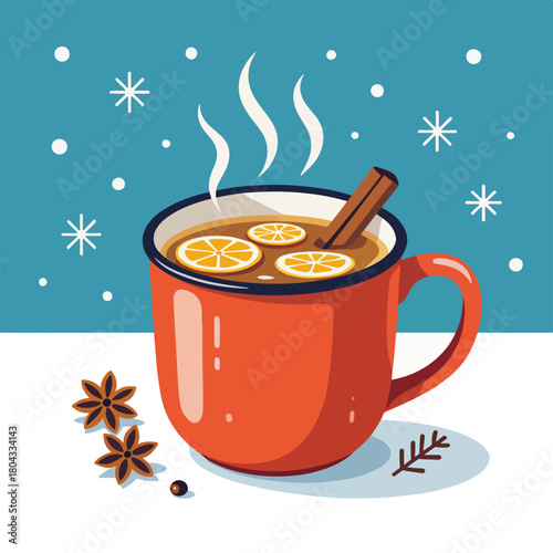 A red mug of hot mulled wine with orange and cinnamon. Cozy winter Christmas drink with spices. Flat design graphic for seasonal holidays