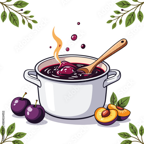 Homemade plum jam boiling in a cooking pot. Cartoon graphic of a fruit preserve recipe. Flat design with fresh plums isolated on a white background.