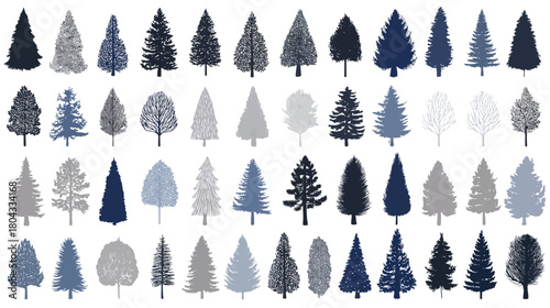 Winter Forest Tree Collection. Hand-drawn blue and grey stylized conifer and deciduous tree silhouettes for graphic design.