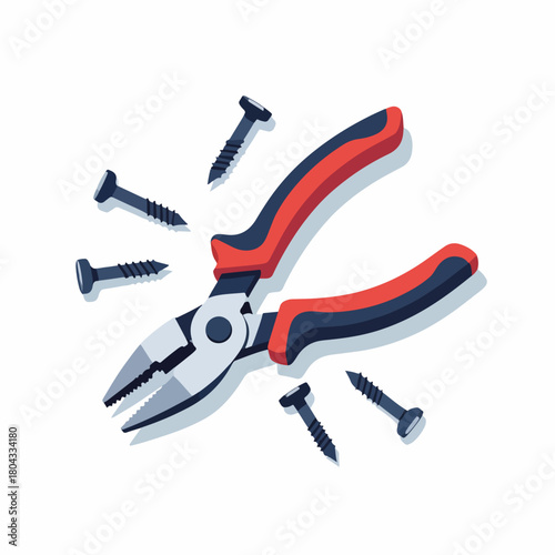Pliers and screws flat design icon. Hardware tools for repair and construction. Work equipment graphic isolated on white background