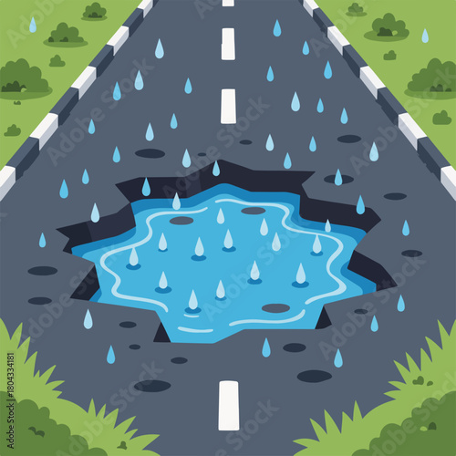 A pothole on a road filled with water during a rainstorm. Flat design cartoon graphic of damaged asphalt. Infrastructure problem and driving safety concept