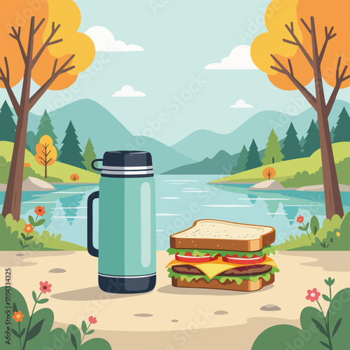 A sandwich and thermos for a picnic by the river. Autumn outdoor landscape with mountains and trees. Flat design cartoon graphic