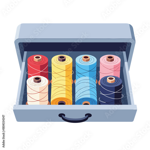 Colorful thread spools in an open drawer. Sewing and crafting supplies concept. Flat design graphic isolated on white background