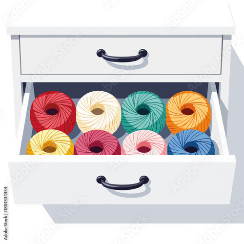 Colorful yarn skeins in an open drawer. Flat design vector illustration of craft and hobby supplies. Knitting and crochet storage concept.
