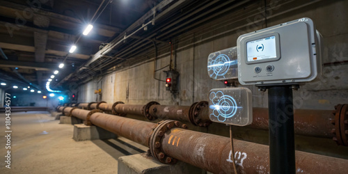 Industrial sensor augmented reality interface underground tunnel pipe network rusted metal maintenance technology control panel digital overlay safety system utility corridor. Industrial sensor
