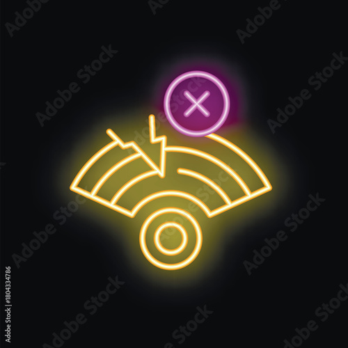 Neon light icon of a wifi sign with a disconnect symbol on a black background
