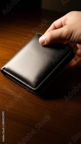 Elegant black leather wallet resting on a rich wooden surface, suggesting sophistication and personal finance organization for modern professionals.