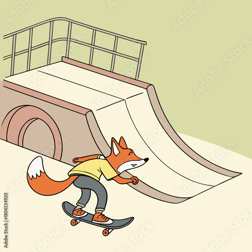 Cartoon fox riding a skateboard on a ramp in a playful outdoor skatepark scene