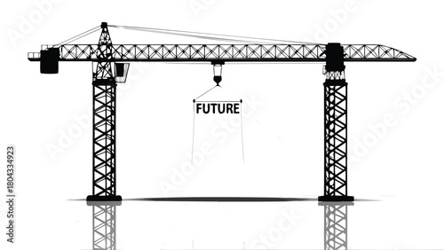 Nighttime industrial scene featuring a large construction crane illuminated by a powerful spotlight casting dramatic shadows across a mechanical yard