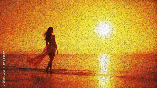 Dreamlike sunset with solitary woman softened by grainy texture created from thousands of individual dots. Golden sunlight surrounds lone figure on the beach with warm sentimental ambience. Vector