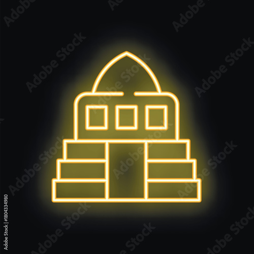 Neon yellow taj mahal mausoleum building symbol on a black background