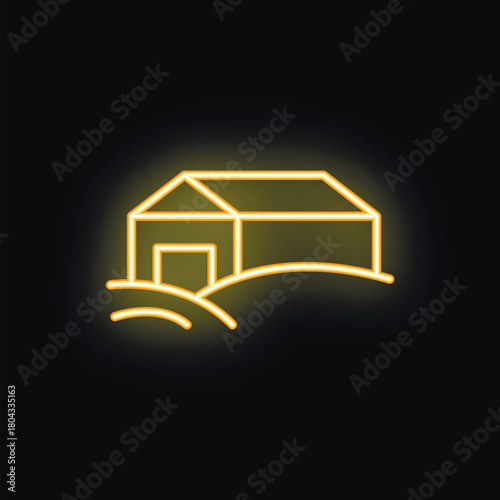 Neon yellow farm icon on a black background, illustrating farming, agriculture and country living