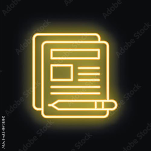 Neon icon glowing yellow of documents and a pencil representing content creation, journalism, and writing