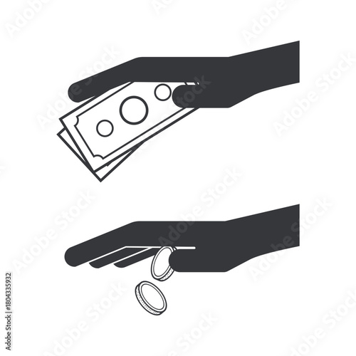 Bundle of isolated pictogram icons hand giving coins and banknotes, symbolizing charity, donation, payment, and financial contribution.