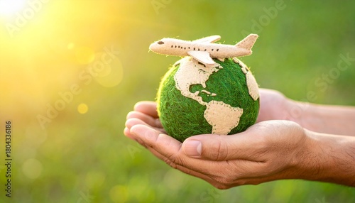 太陽光の中で手にした地球儀に飛行機が乗る自然と環境の象徴
