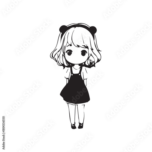 Beautiful Kawaii Girl Black and White Vector Illustration in Cute Simple Line Art Style